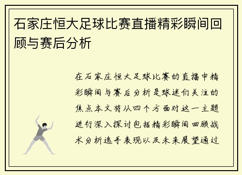 石家庄恒大足球比赛直播精彩瞬间回顾与赛后分析